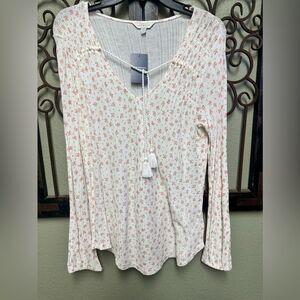 Lucky Brand calico floral vneck tie long sleeve top